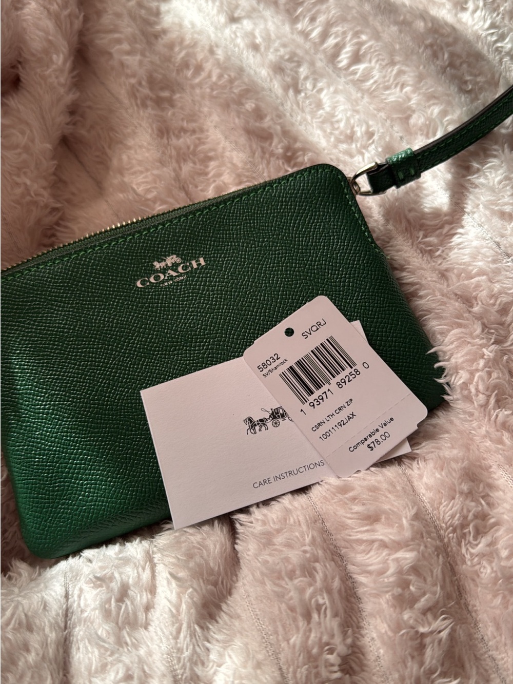 Coach Green Pebbled Leather Zip Wrislet with Silver Logo
